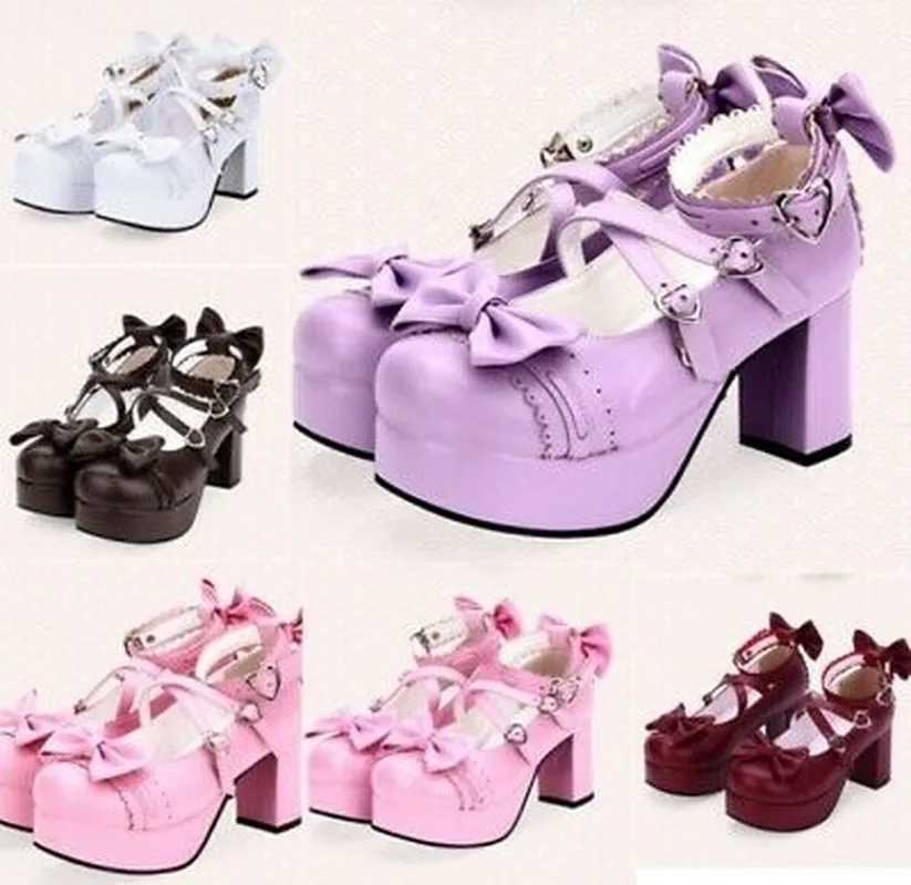 

Many Jane Lolita Women Platform Buckle Strap Bowknot Decor High Block Heel Shoes Pumps Sweet Cosplay Plus Size 8Colors F58
