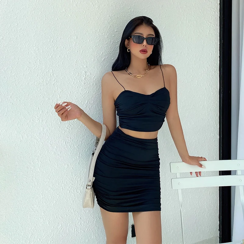 

TVVOVVINSexy Tight Pleated Skinny Hip Skirt Strap Women's Summer High Waist Tank Vest Camisole Korean Boho Y2K beach B97A