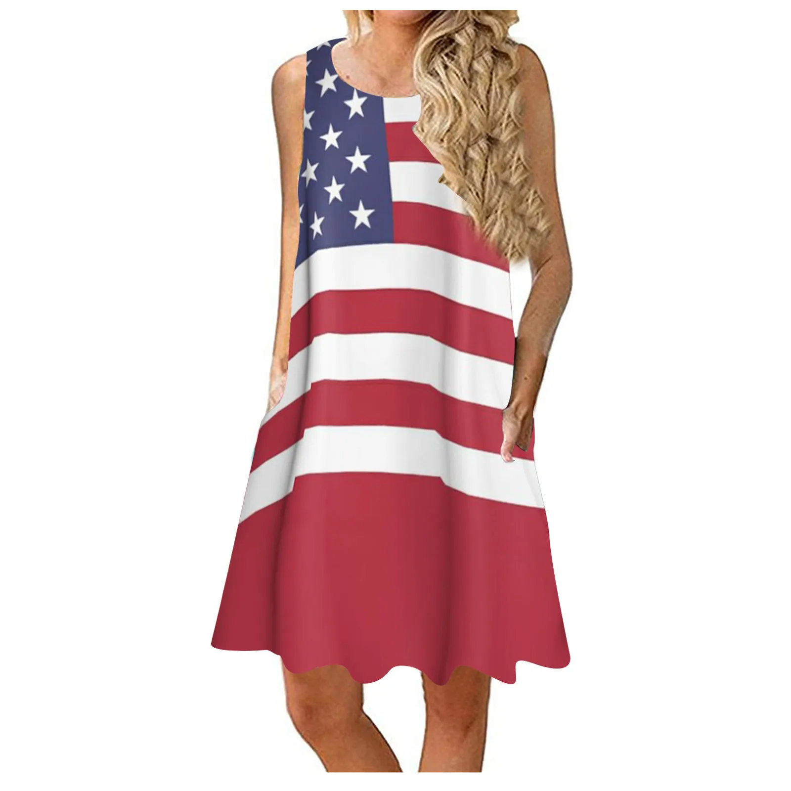 

Beach Mid Dress Women Robe Femme Splicing Sleeveless Ameaican Flag Print With Pockets Summer Dress Платье Летнее Женское