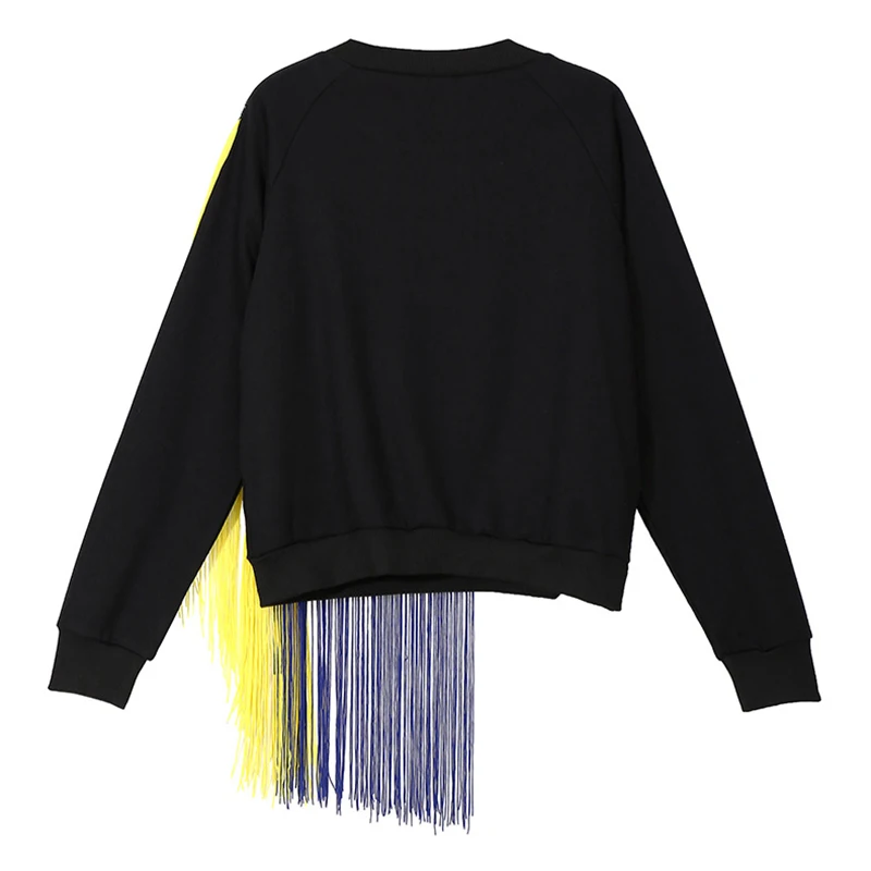 

VGH Casual Patchwork Tassel Sweatshirt For Women O Neck Long Sleeve Print Hit Color Streetwear Sweatshirts Female Fashion New