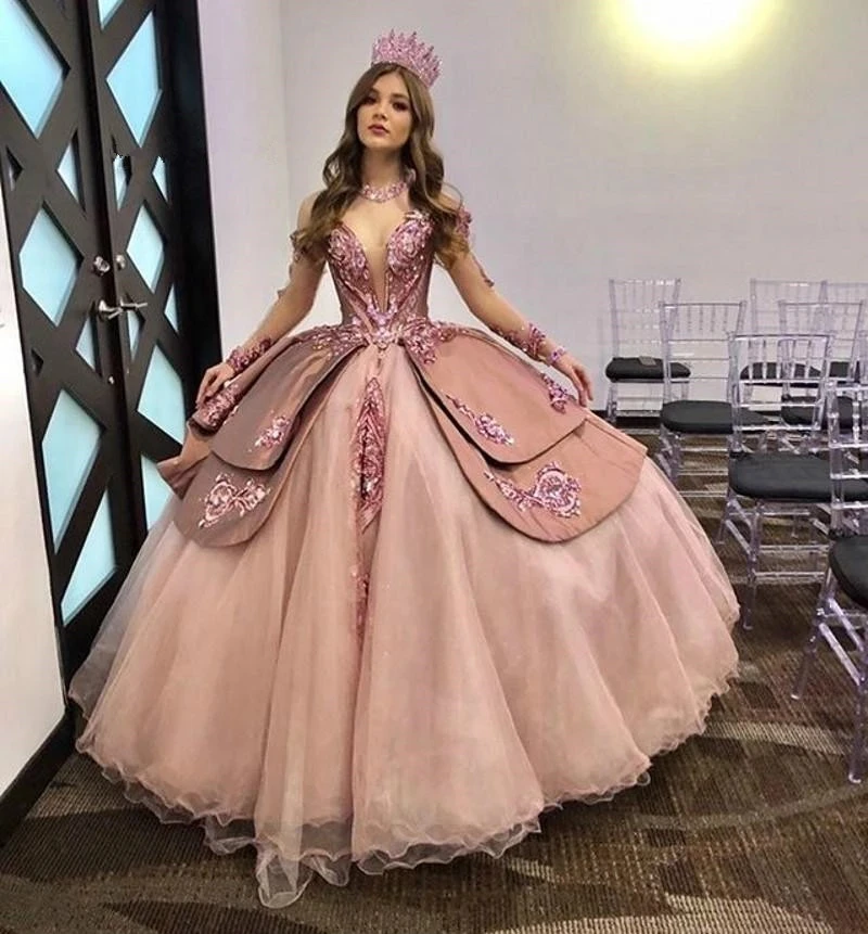 

Dusty Pink Princess Quinceanera Dresses 2021 With Rose Gold Sequin Long Sleeve Sweet 16 Puffy Pageant Dress Vestidos De 15 Años