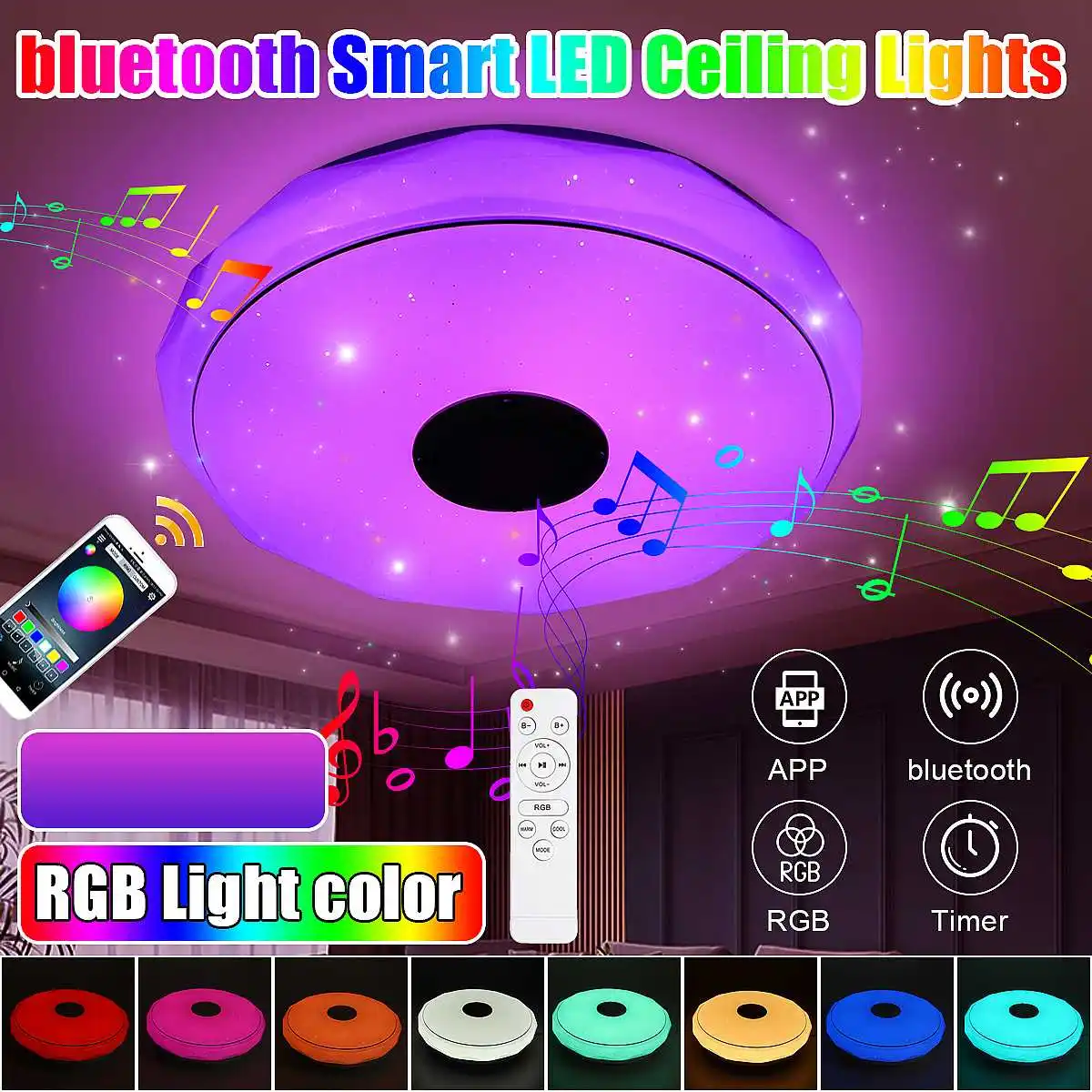 

Скандинавский светодиодный RGB потолочный светильник для гостиной, музыкальный потолочный светильник с Bluetooth динамиком, регулируемая яркос...