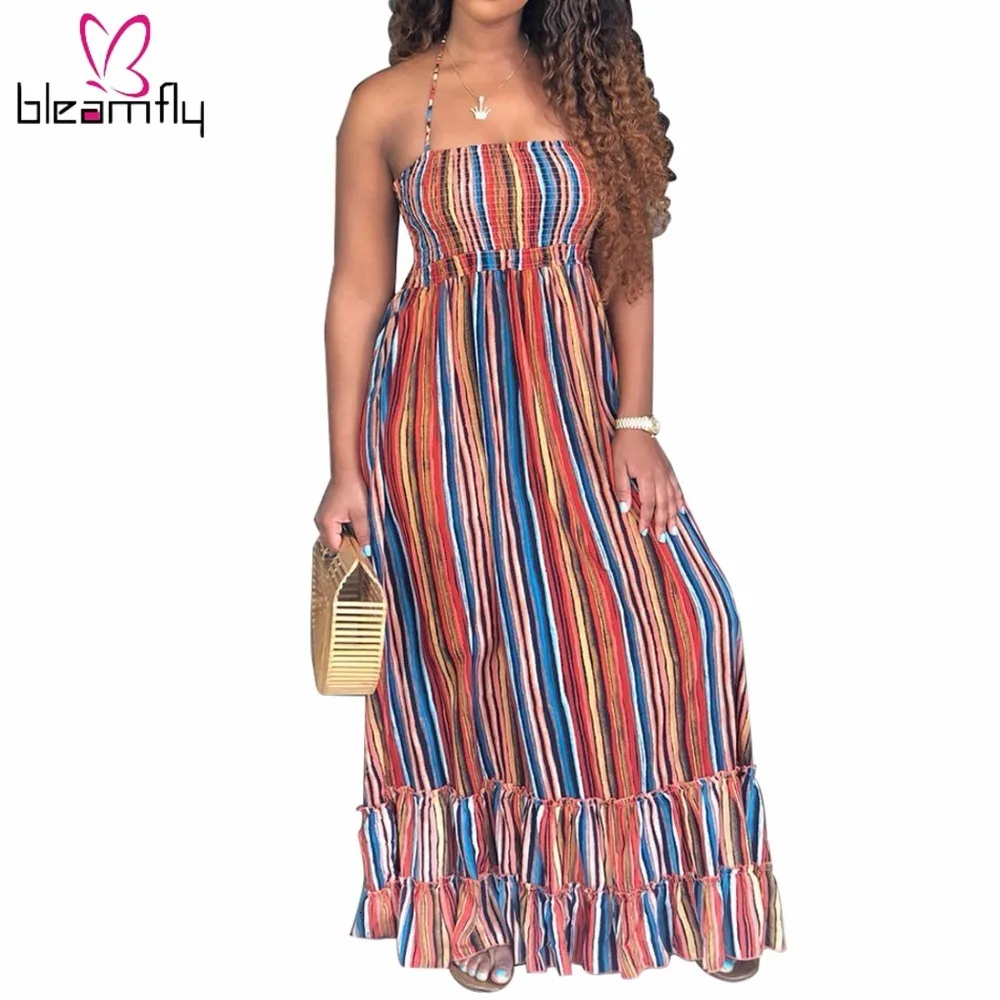 Женское платье с открытой спиной разноцветное длинное в полоску повседневное