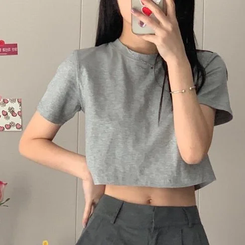 

T-shirt Women Cropped Solid Sexy Minimalist Hot Sale Slim Casual Fashion Preppy Chic Basic Tops Korean Style Streetwear Popular