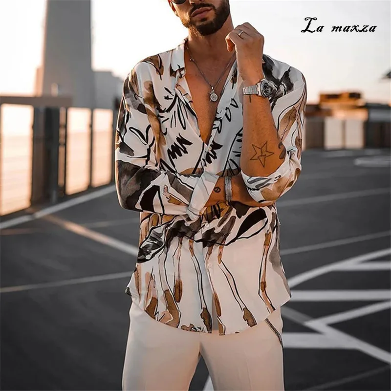 

Spring 2021 Men Shirts Smart Casual Fashion Print Long Sleeves Loose Men Shirts Plus Size