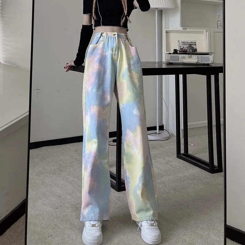 

Женские джинсы с высокой талией, джинсовая одежда с широкими штанинами, синяя уличная одежда, винтажные Качественные прямые брюки в стиле Х...