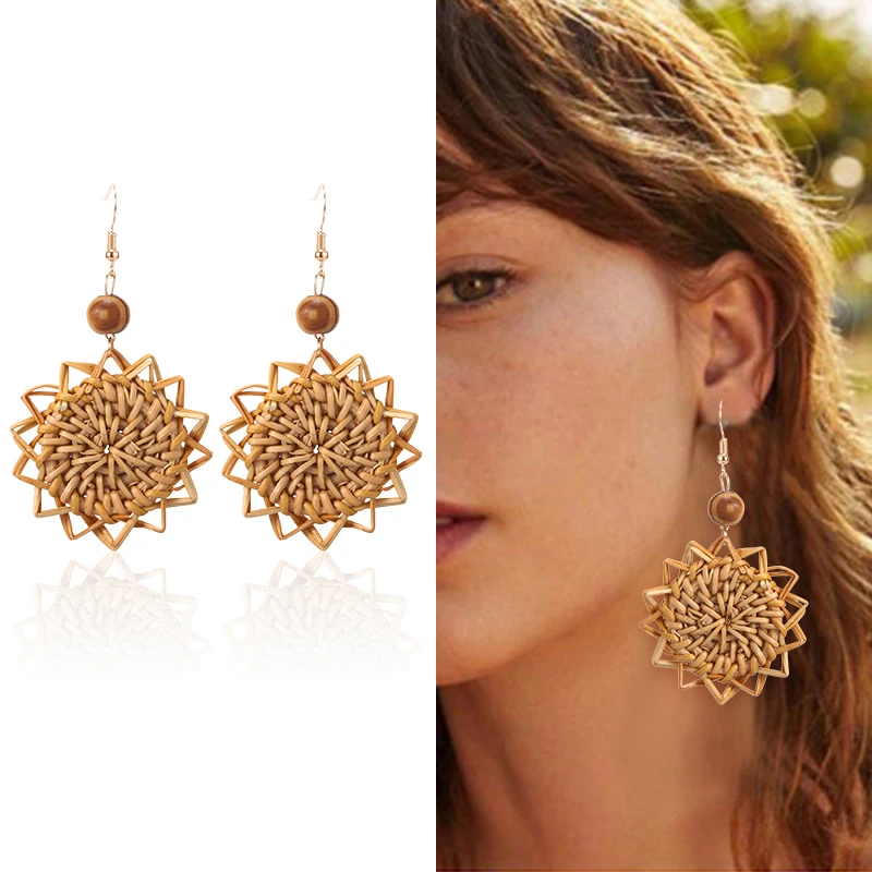 Богемное ротанговое плетение Висячие серьги для женщин ручной работы плетеная