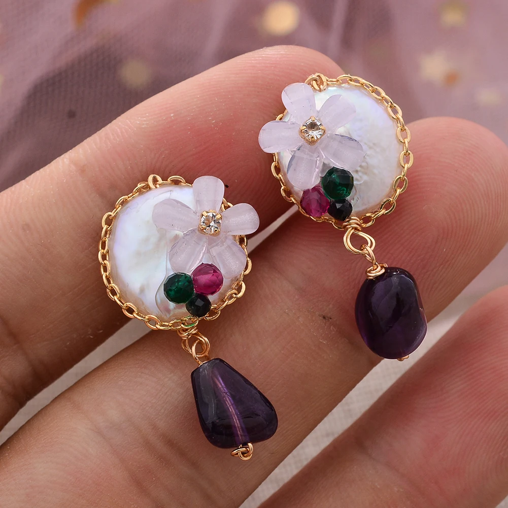 

Original Handmade 14K Gold Filled Natural Freshwater Pearl Amethyst Sweet Flower Ladies Stud Earrings Jewelry Women Best Gift