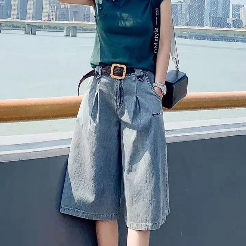 

Summer Women Denim Shorts Wide Leg Knee Length Fashion Womens Pocket Jeans Female Casual Loose Ladies Short Femme Streewear
