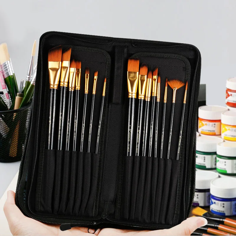 

15 Models Paint Brush Set Wooden Handle Pen Nylon Hair Watercolor Oil Painting Brush Canvas Bag Gouache Acrylic Art Supplies