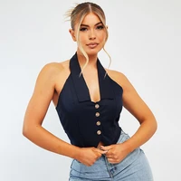 new womens temperament commuter sleeveless solid color slim backless v neck shirt sexy top