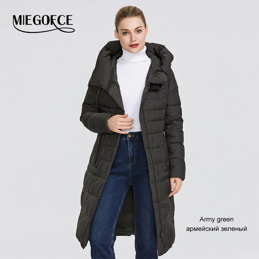 MIEGOFCE Новая зимняя женская коллекция курток длина до колен ветрозащитный женская куртка со стоячим воротником и капюшоном имеет наладные карманы на молнии двойная защита от холода на молнии и на застежках - Цвет: 710 Army green