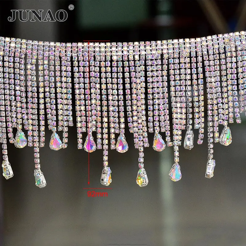 AB Design JUNAO 45cm Sewing Crystal AB Rhinestones Fringe Chain Glass Stones Tassel Metal Trim Crystal Applique Strass Tape for Dress DIY - Цвет: AB Design