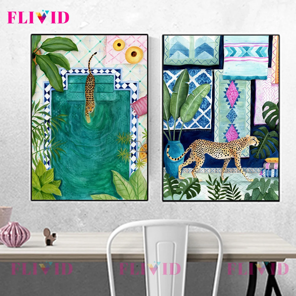 

Cartoon Leopard Flowers Nordic Poster Wild Tiger with Plants Wall Art Canvas Painting Wall Pictures For Living Room Unframed
