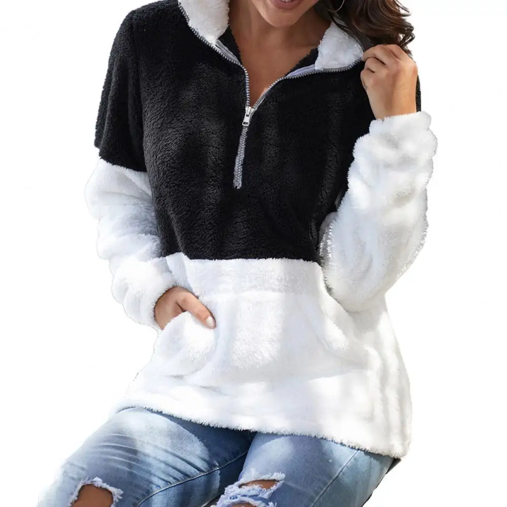 

Women Autumn Winter Coat Patchwork Contrast Color Zipper Thermal Ladies Plush Loose Warm Jacket