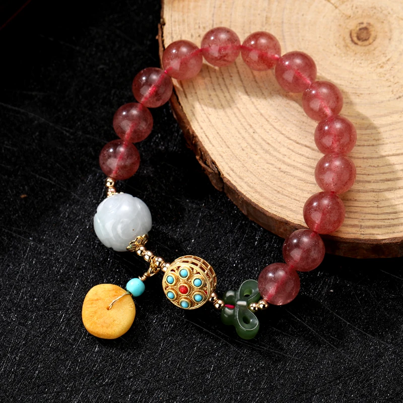 

Round Strawberry Quartz Beads Bracelets Crystals Beaded Fashion Cute Charm Bracelet Fine Jewelry Bangles for Women Gift