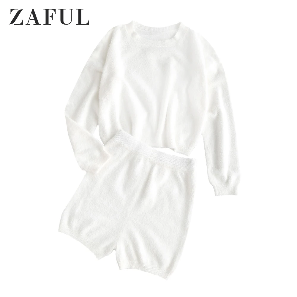 

ZAFUL Fuzzy Solid Sweater and Knitted Biker Shorts Suits Women Knitted Long Sleeves Winter Sexy Crop Tops 2pcs Set Club Outfits