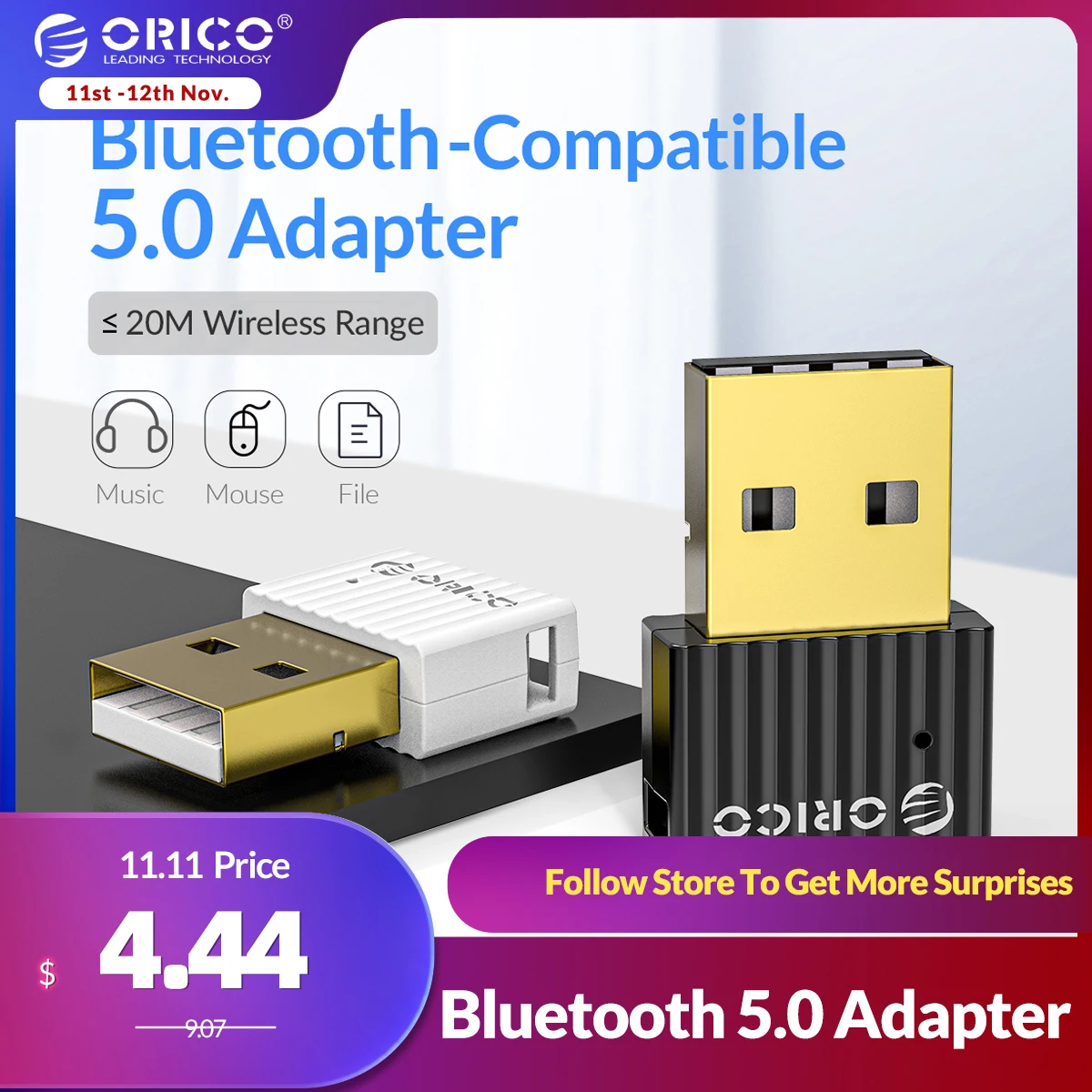 

ORICO USB Bluetooth-Compatible Dongle Adapter 5.0 Wireless Computer Adapter Audio Receiver Transmitter for Speaker Mouse Laptop