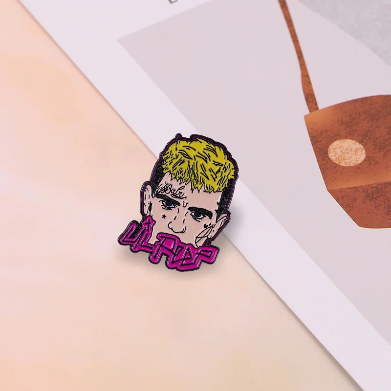 Брошь Lil Peep красивая голова рэпера с желтым знаком для волос эмалированная брошь