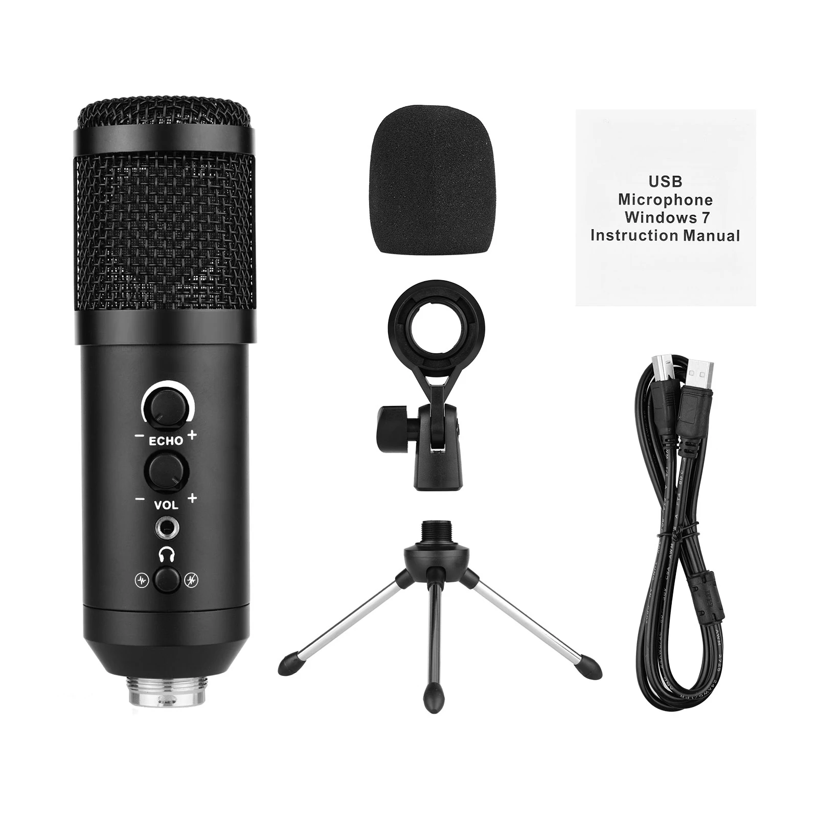 

USB Computer Microphone with Mute/ Noise Reduction/ BT Connection Cardioid Condenser Mic Kit with Mini Tripod Windscreen Cable