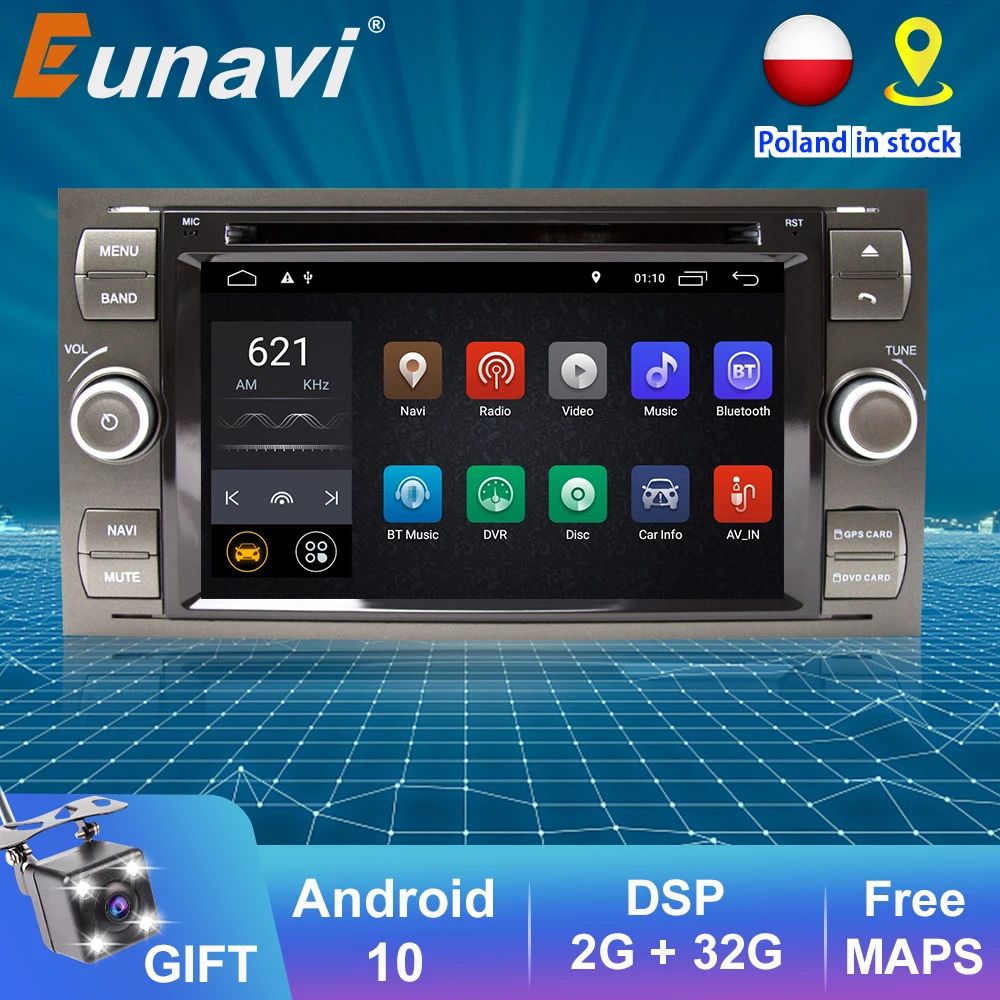 Eunavi 2 din Автомобильный мультимедийный плеер Android 10 авто DVD GPS Радио для Ford Mondeo S max Focus