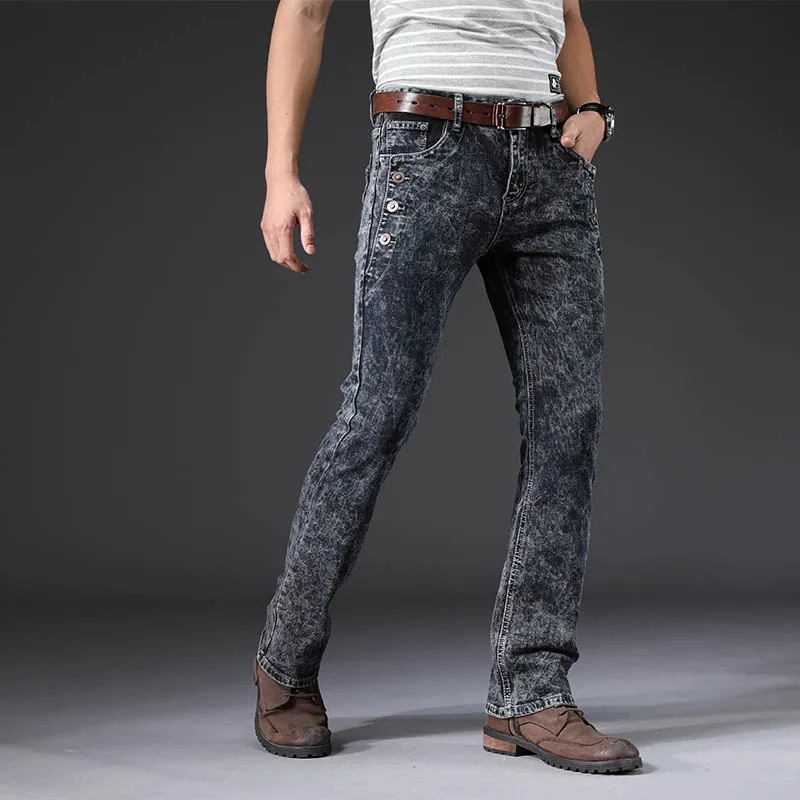 

Brand Business Zipper Jeans Men Spring Autumn Blue Casual Flared Trousers Street Style Stretch Slim Bell Bottom Pants 27-38