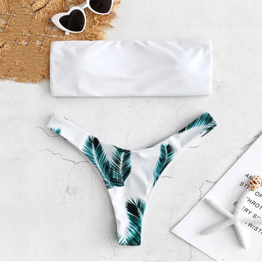 Сексуальный женский топ труба комплект бикини с принтом листьев одежда для