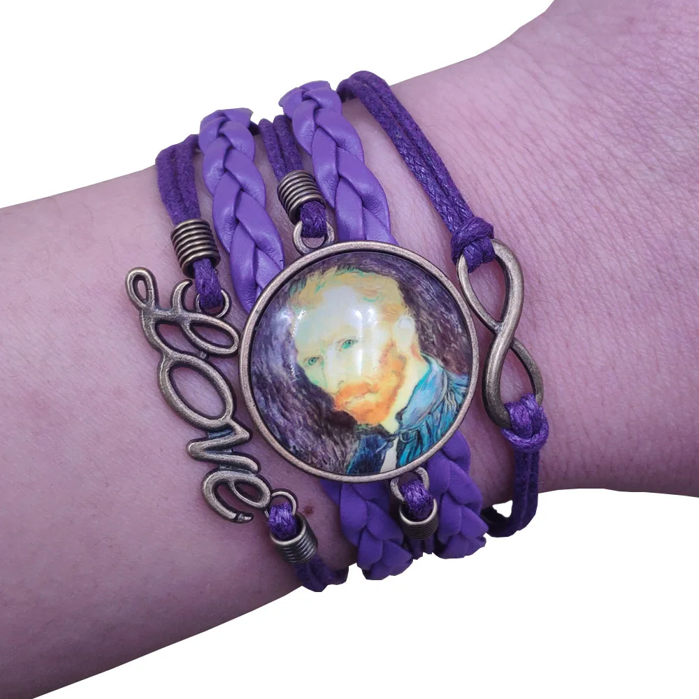 

8 Styles Retro Van Gogh Sunflower Starry Sky Famous Paintings Multilayer Ancient Leather Bracelet Punk Time Gem Women AT217-224