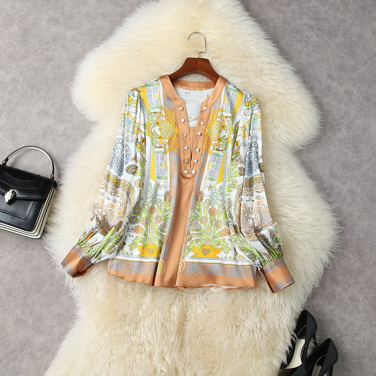 

Женская одежда в европейском и американском стиле, новинка весны 2022, Модная шелковая рубашка с длинным рукавом, V-образным вырезом и принтом ...