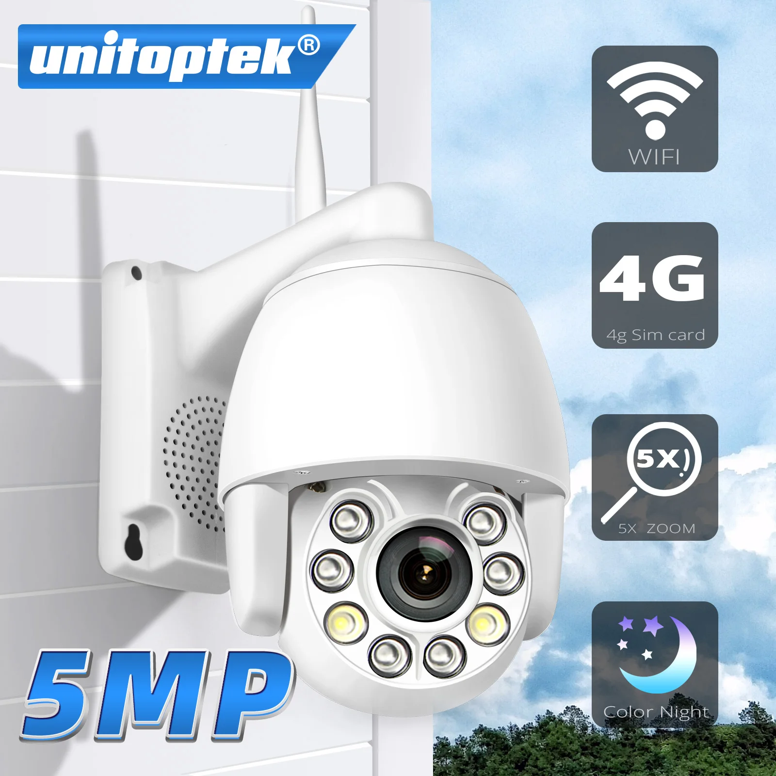 PTZ WIFI IP камера наружная HD 5MP 4G Sim карта AI автоматическое отслеживание CCTV 5X зум Мини