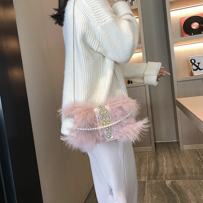 Женская кожаная сумка на плечо вечерняя сумка-клатч с цепочкой и перьями из