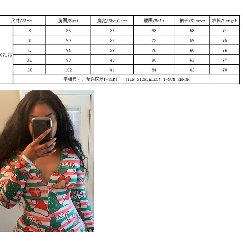 

Christmas Tree Print Women Oneseies Underwear Bodysuit Long Sleeve Button Deep V Neck Bodycon Stretch Leotard Short Romper Pjs