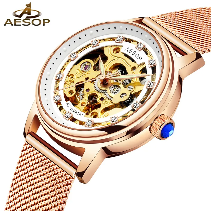 AESOP Fashion Silver Gold Automatic Watches Women Top Brand Luxury Waterproof Mechanical Wristwatch For Ladies Relogio Feminino