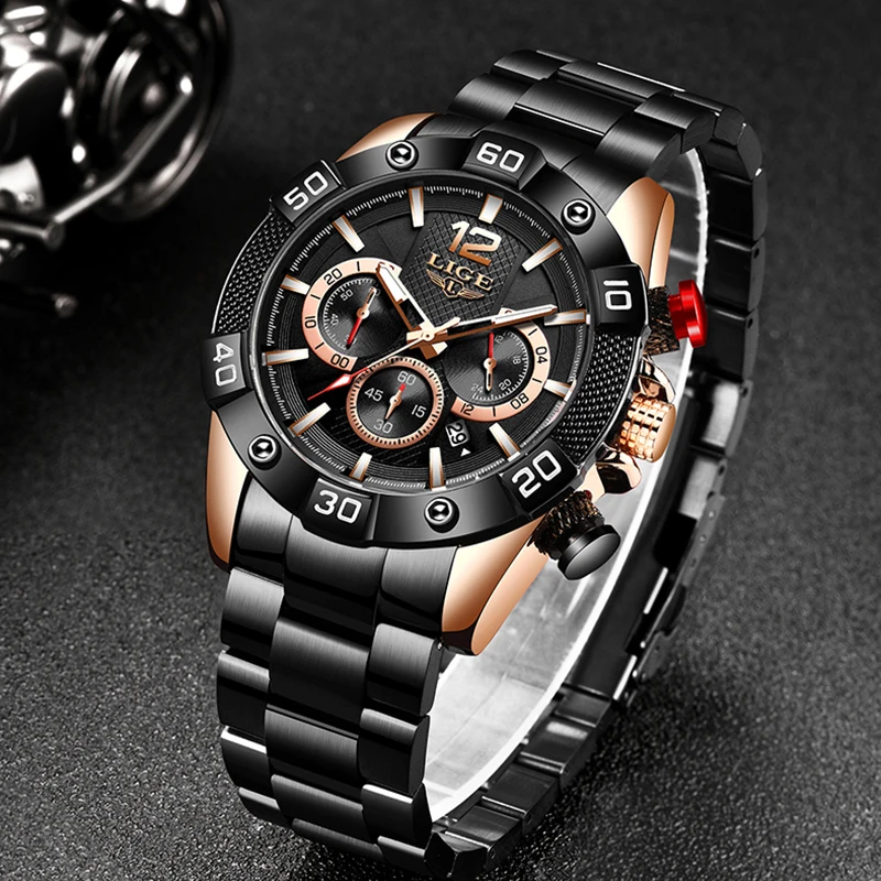 Часы наручные LIGE Мужские кварцевые со светящимися стрелками водонепроницаемые
