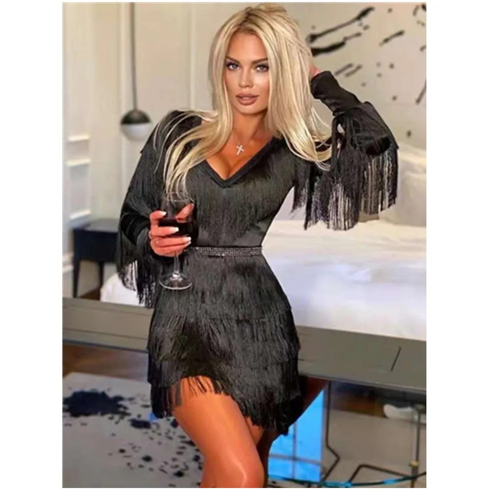 

Wholesale Women's Black White Tassel Long Sleeve V-Neck Sexy Celebrity Cocktail Party Bandage Dress