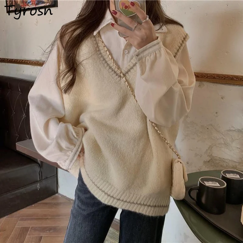 

Sweater Vest Women Design Gentle Apricot V-neck Fashion Tops All-match Solid Loose-fit Chic Ulzzang Feminine Sleeveless Sweaters