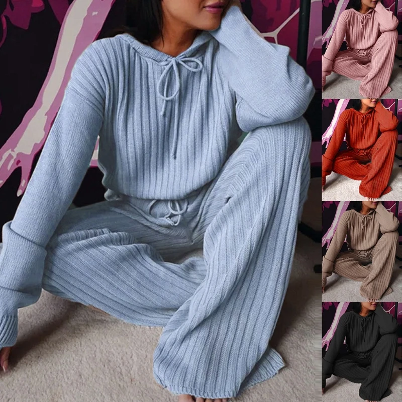 

Women Ribbed Knit 2Pcs Pajamas Drawstring Hoodie Top Wide Leg Pants Loungewear XX9D