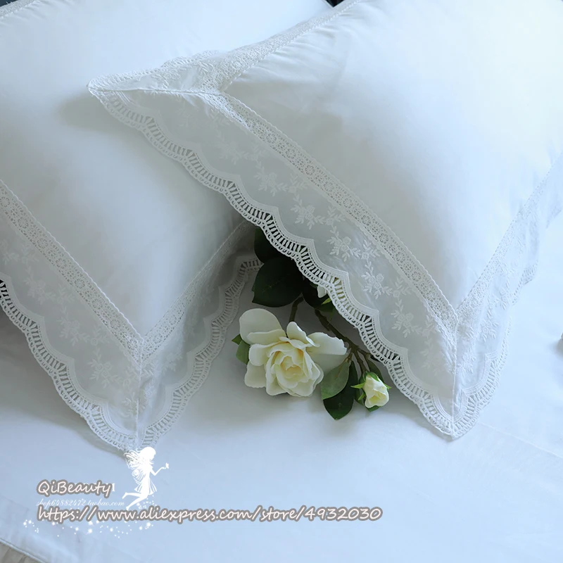 Ropa de cama de encaje con volantes de princesa, artículo de almohada de algodón, funda de almohada de encaje bordado europeo, fundas de almohada de lujo de princesa para boda
