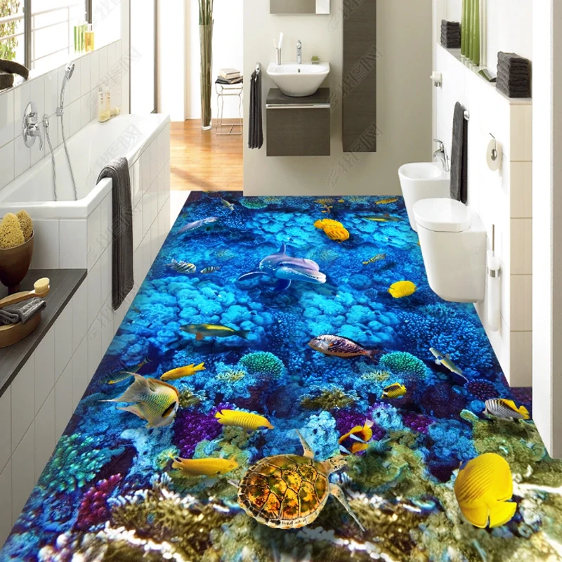 

Home Floor Stickers Ocean World Vinyl Mural Living Room 3d Stereo Dolphin Turtle Beautiful Scenery Wallpaper Murals