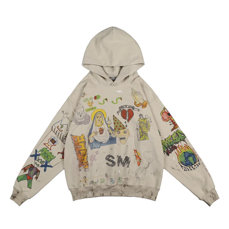 

Новинка Осень-зима 2021 мужской свитер в стиле хип-хоп с ручной росписью граффити с капюшоном для мужчин