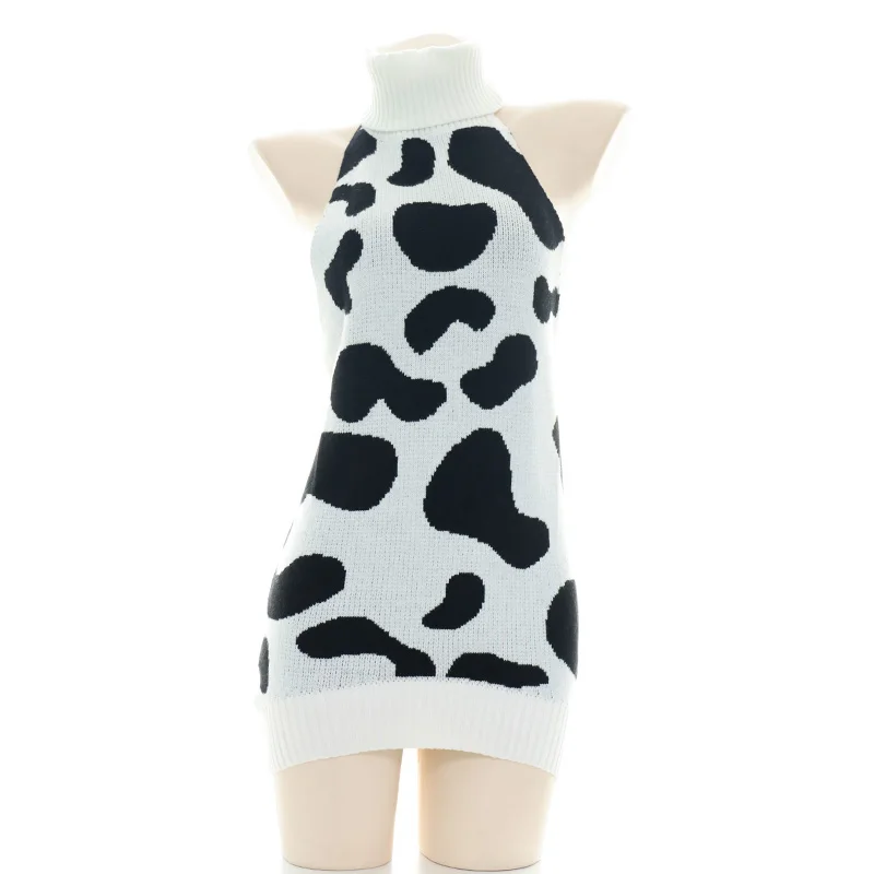 

Sexy Lovely Lolita Cow Pattern Backless Knitted High Collar Sweater Virgin Killer Cosplay Sleeveless Jumpsuits Underwear Set
