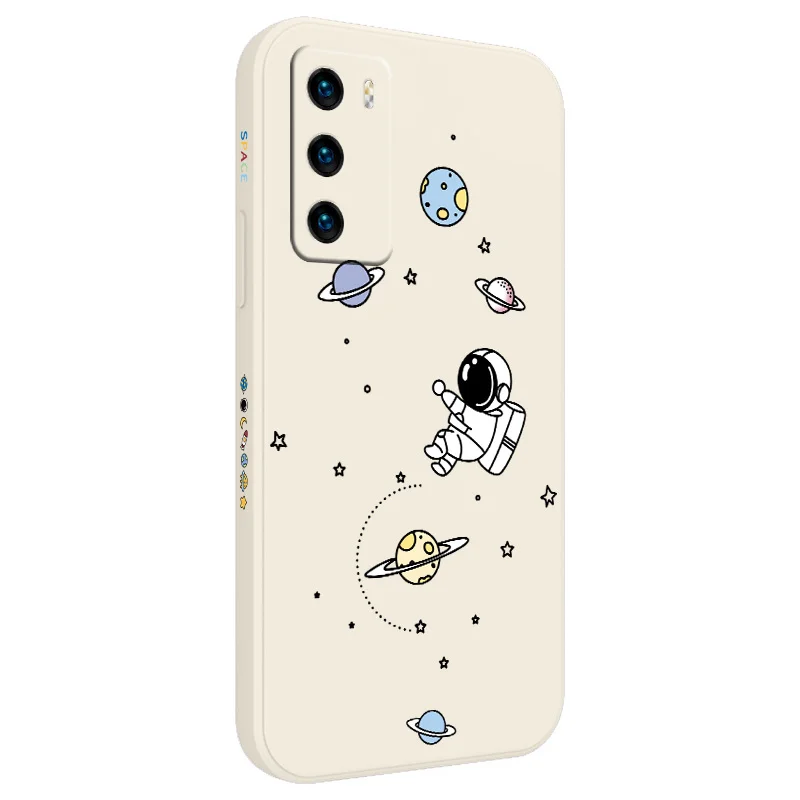 

Happy Astronaut Liquid Silicone Case For Huawei P40 P50 P30 P20 Pro Lite Mate 40 30 20 Pro Lite Nova 5t Y7A Phone Back Cover