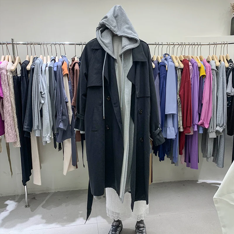 

2020 Autumn/Winter British Style Loose Trench Coat Leisure Hoodie with Hood 2 Piece Set Women's Long Windbreaker Overcoats