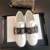 women genuine leather flat shoes round toe buckle decor vulcanize female white chunky sneakers luxury brand zapatos de mujer new