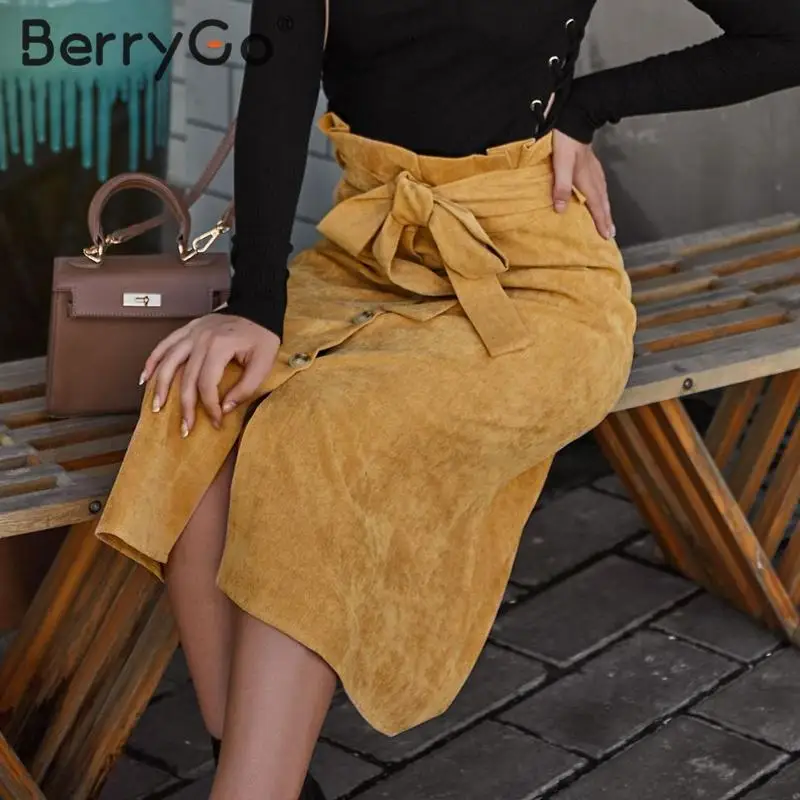 Женская Вельветовая юбка-трапеция BerryGo винтажная Юбка-миди с поясом и высокой