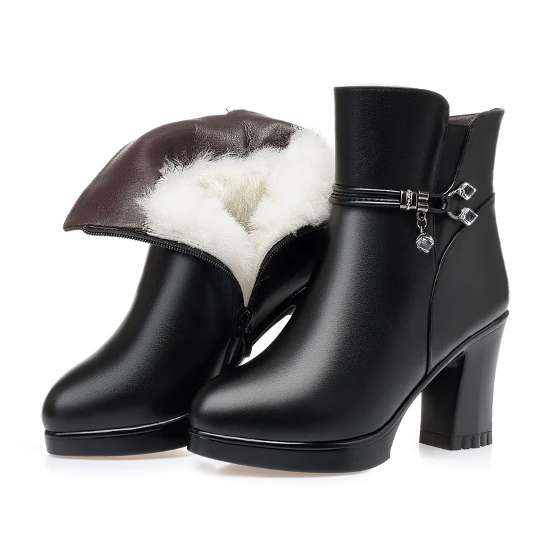 black wool MORAZORA/ г.; обувь из натуральной кожи наивысшего качества; женские ботильоны; обувь на высоком каблуке на молнии со стразами; женские зимние шерстяные ботинки - Цвет: black wool