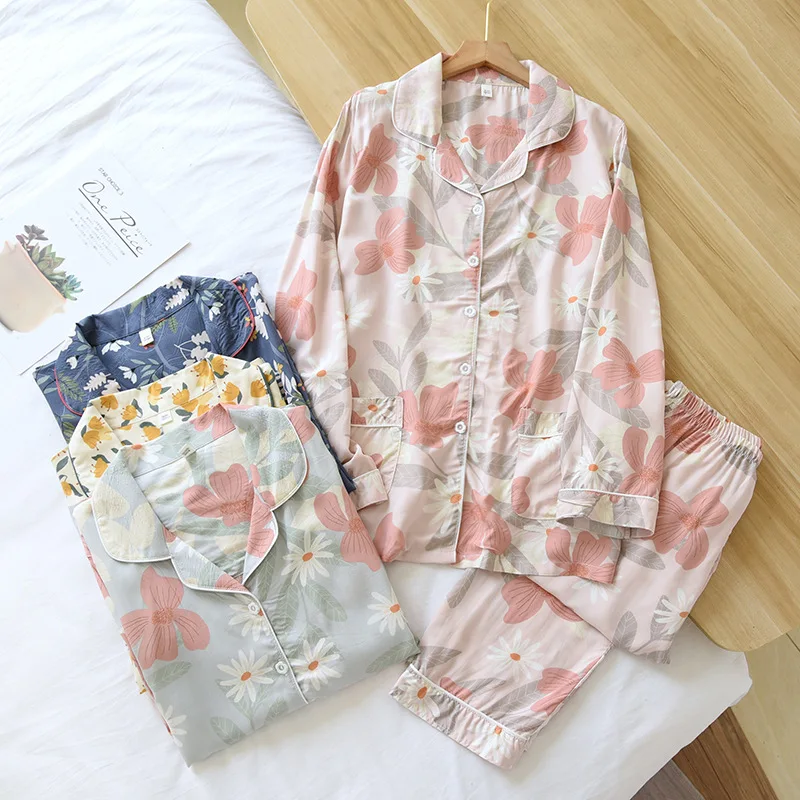 Spring and Summer New Women's Cotton Silk Pajamas Long Sleeves Trousers Pajamas Set Rayon Simple Pajamas Women's Home Wear