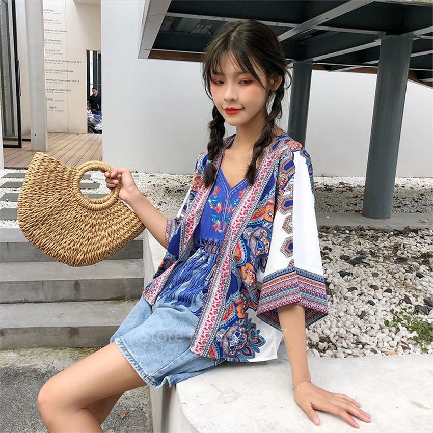 Japanese Cardigan Kimono Women Girls Shawl Summer Fashion Beach Vacation Outfit Suspenders Print Flowers Casual Style |