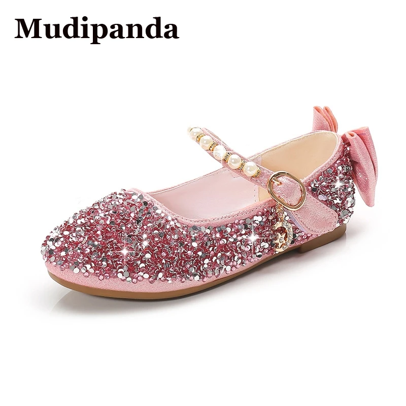 

Child's Leather Shoes For Girls Princess Flats Children's Shoes Crystal Soft Bottom Non-Slip Single Shoes Size 24-37 Silver Pink