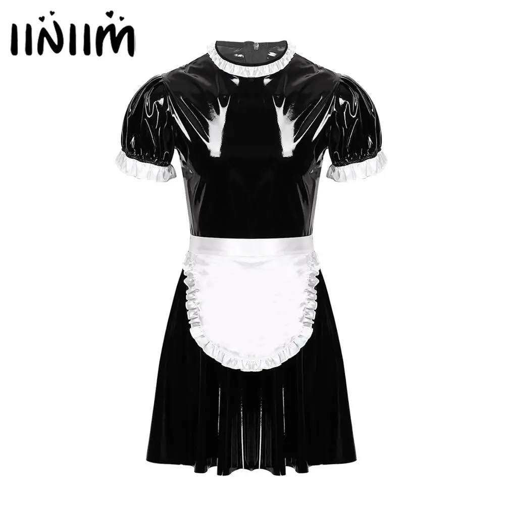 NEW Mens Male Sissy Maid Dress Cosplay Costume Clubwear Puff Sleeve Wetlook Latex Maid Servant Uniform Flared Dress with Apron